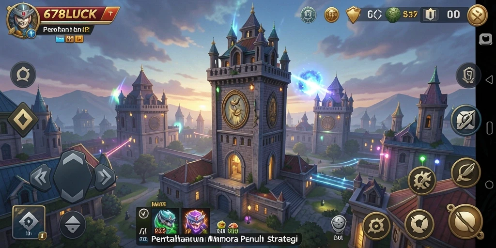 Tampilan gameplay <strong>678LUCK</strong> menampilkan menara dan musuh dalam pertarungan yang mendebarkan.