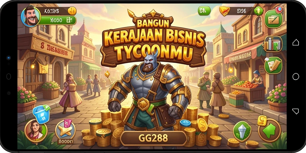 Screenshot utama GG288 menunjukkan gameplay membangun kerajaan bisnis yang menarik.