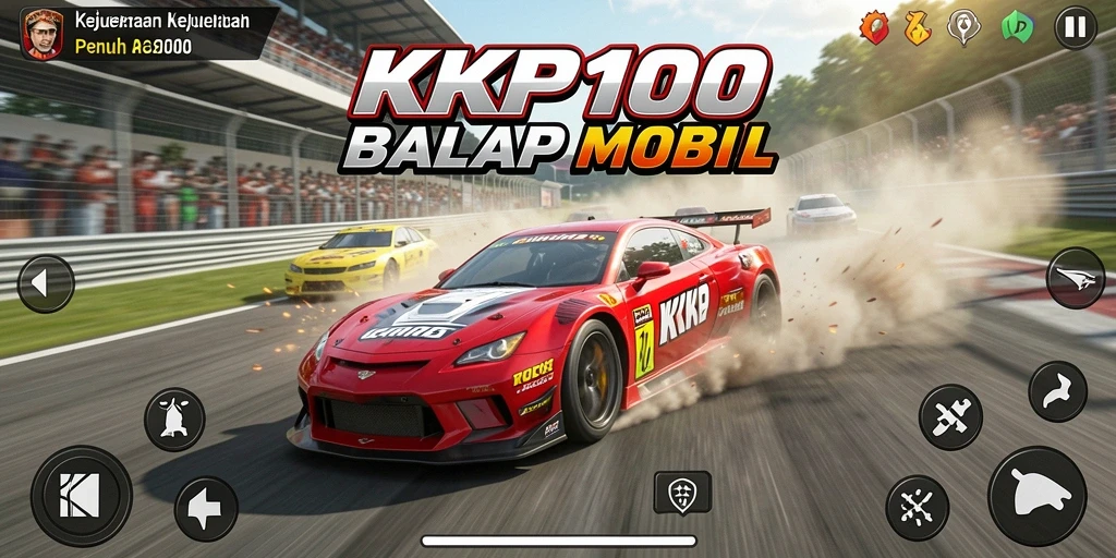 Screenshot KPK100 menampilkan aksi balapan yang mendebarkan dengan mobil-mobil cepat.